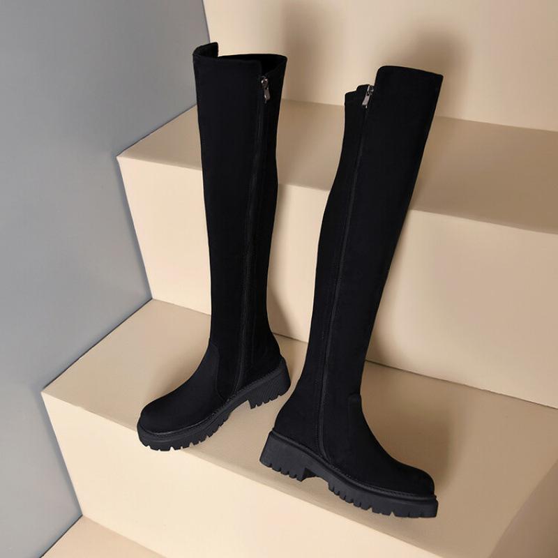 

Новые европейские и американские ботфорты на толстой подошве с нескользящей резиновой подошвой больших размеров для женщин, осенне-зимние, с круглым носком, средней высоты 39