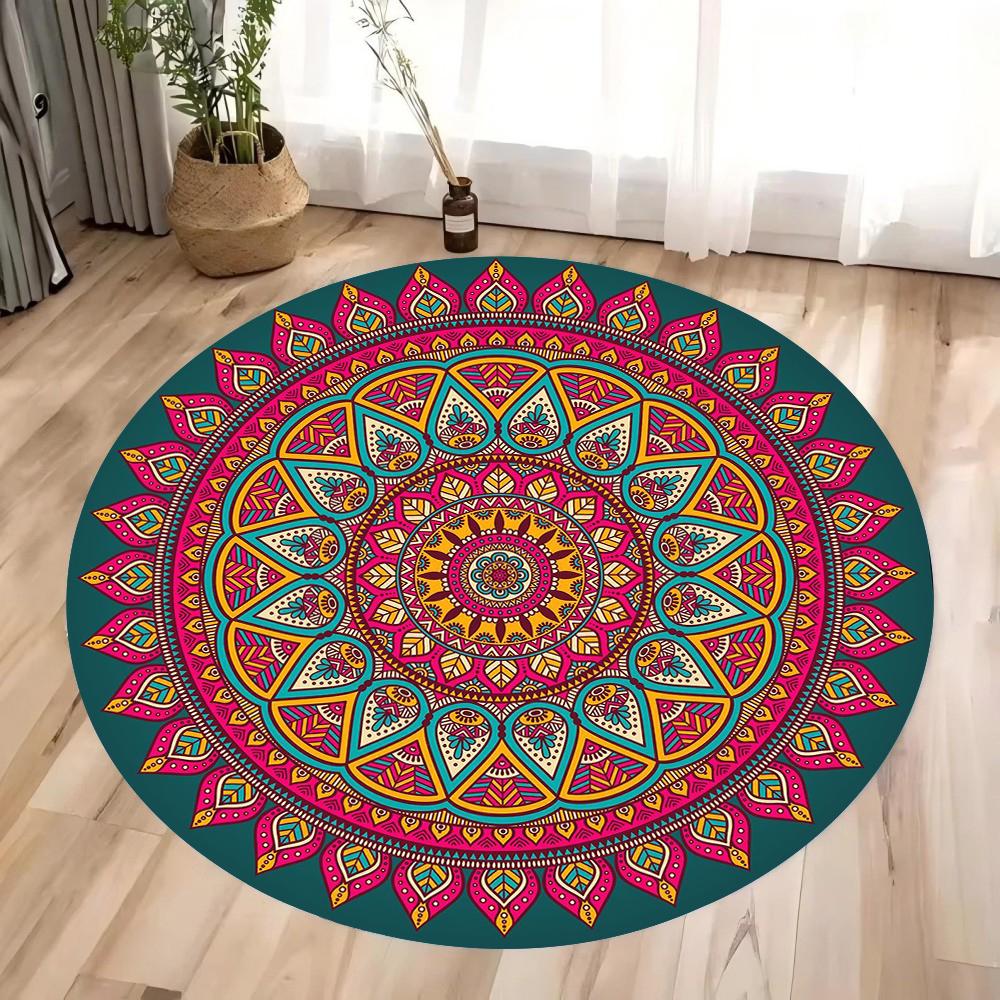 Mandala Round Rug Geometric Floor Carpet Art Deco Circle Mat Traditional Anti Slip Mat Black Area Rugs for Living Room