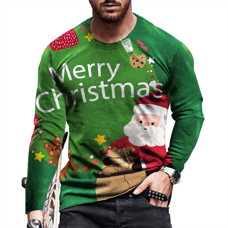 Round Neck 3D Christmas Pattern Top Casual Long Sleeved Men's T-shirts - Soft Medium Stretch Polyester Fabric Spring and Autumn Relaxed Fit Clothing