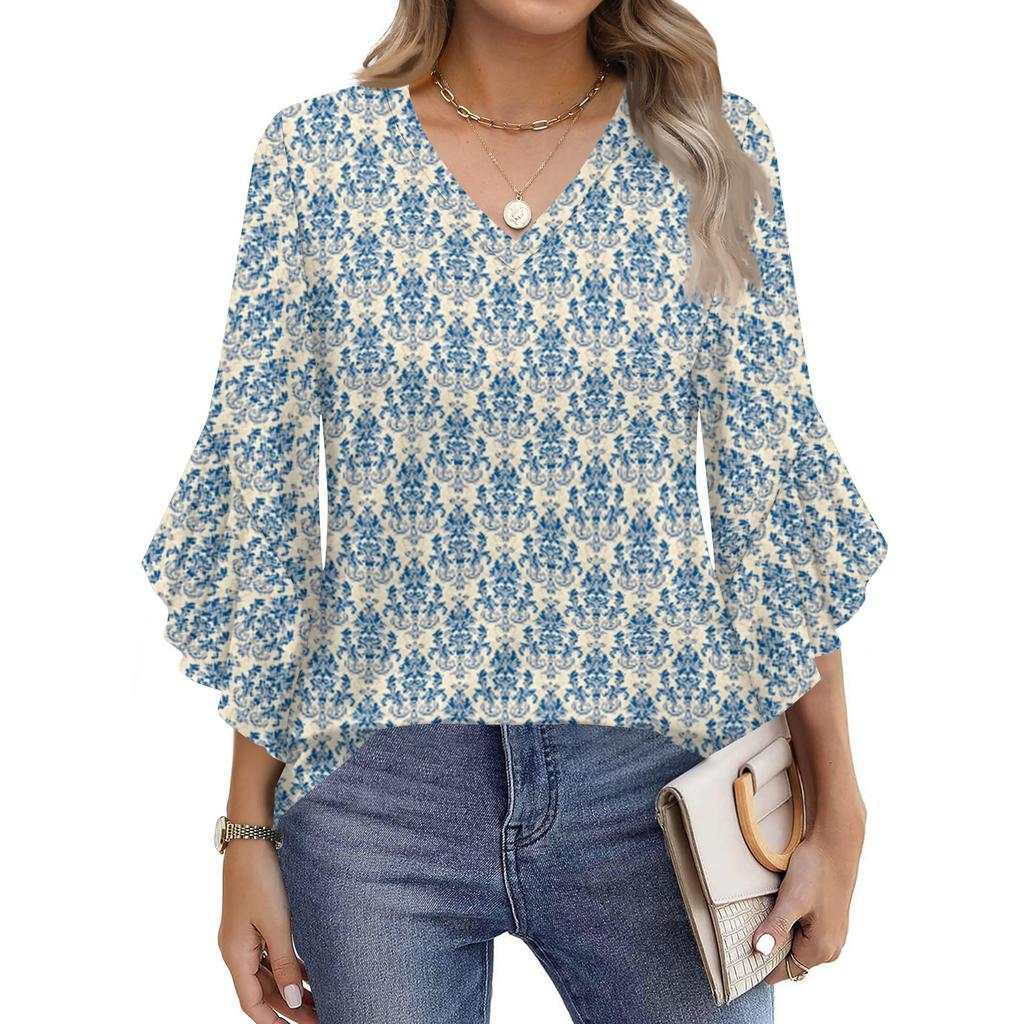 Blouses For Women Dressy Casual 3/4 Length Sleeve Womens Tops V Neck Tshirts Shirts With Flared Sleeve