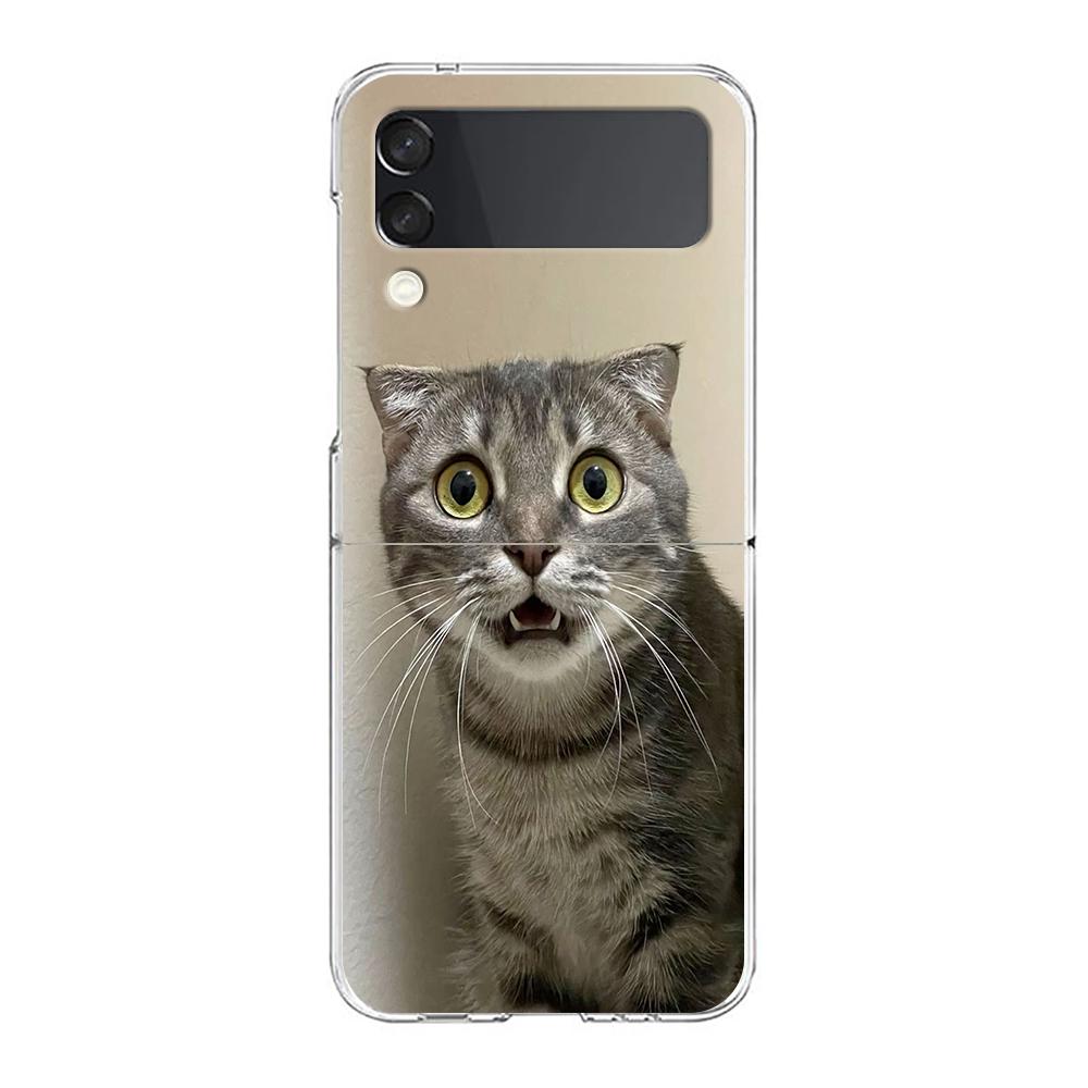Transparent Phone Case For Samsung Galaxy Z Flip 3 4 5 6 7 Hard Folding PC Z Flip3 Flip4 Cover Funny Cartoon Korean Cat Couple
