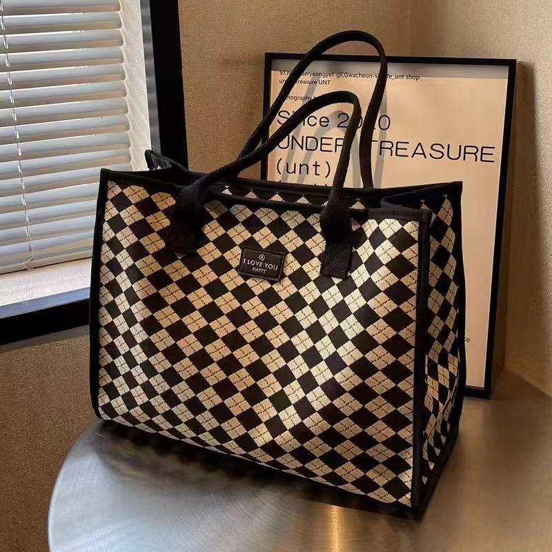 Canvas Bag Bag Women's Outing Large Capacity Plaid Versatile One-shoulder Student Tote Bag Tote Changing Bag