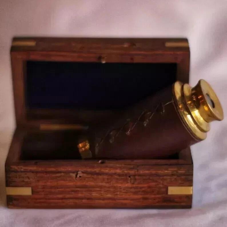 Vintage 6" Captain Handheld Mini Brass Telescope Pirate with Wooden Box