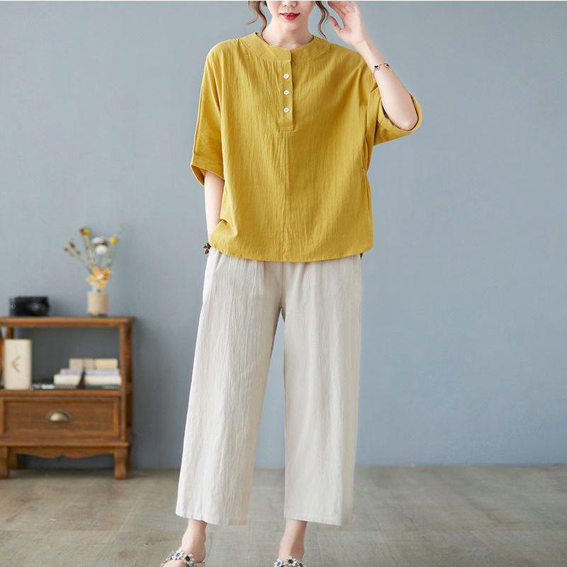 Plus Size Summer Cotton Linen Short-Sleeve Set for Middle-Aged Women - Fashionable Casual Two-Piece Outfit