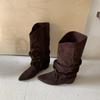Women's Boots Pointed Toe Mid Calf Boots New Designer Winter Suede Flats Slip On Women Chelsea Boots Pleated Western Cowboy Boot