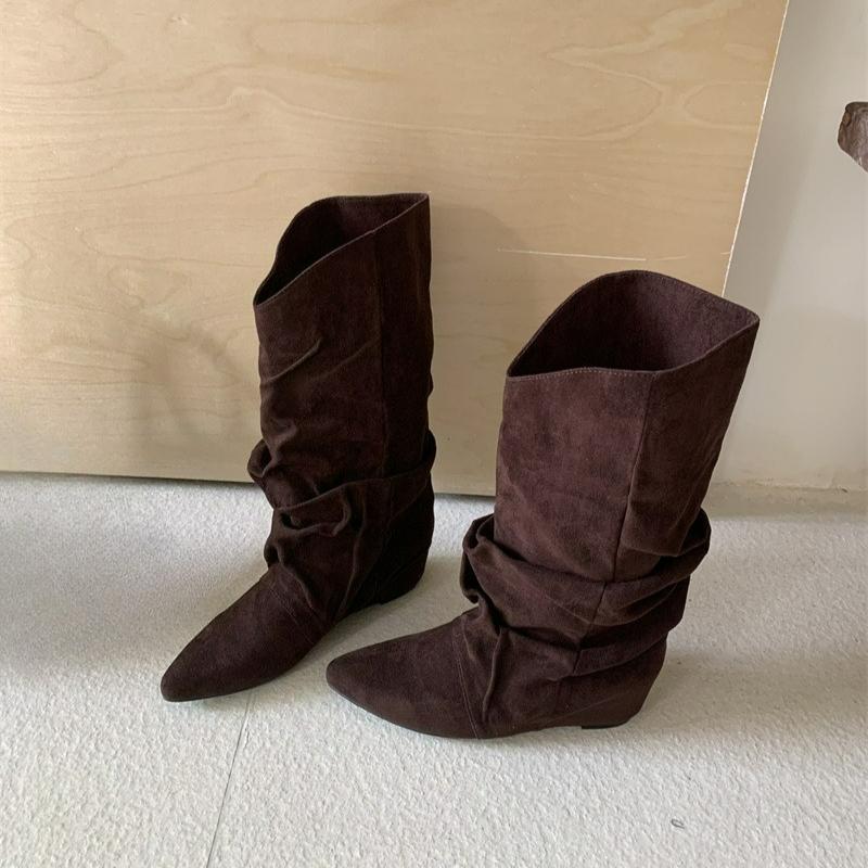 Women's Boots Pointed Toe Mid Calf Boots New Designer Winter Suede Flats Slip On Women Chelsea Boots Pleated Western Cowboy Boot