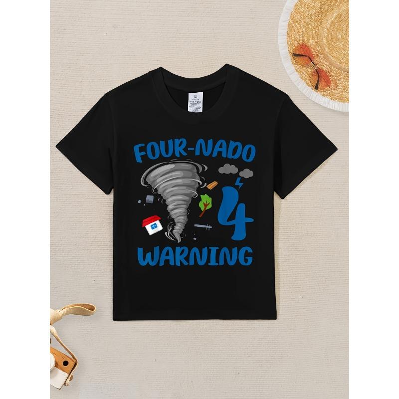 

European sizes Four-nado Warning Tornado Graphic Kid T-Shirt | Casual Street Style Tops with Crew Neck, Short Sleeves for Children. 164cm