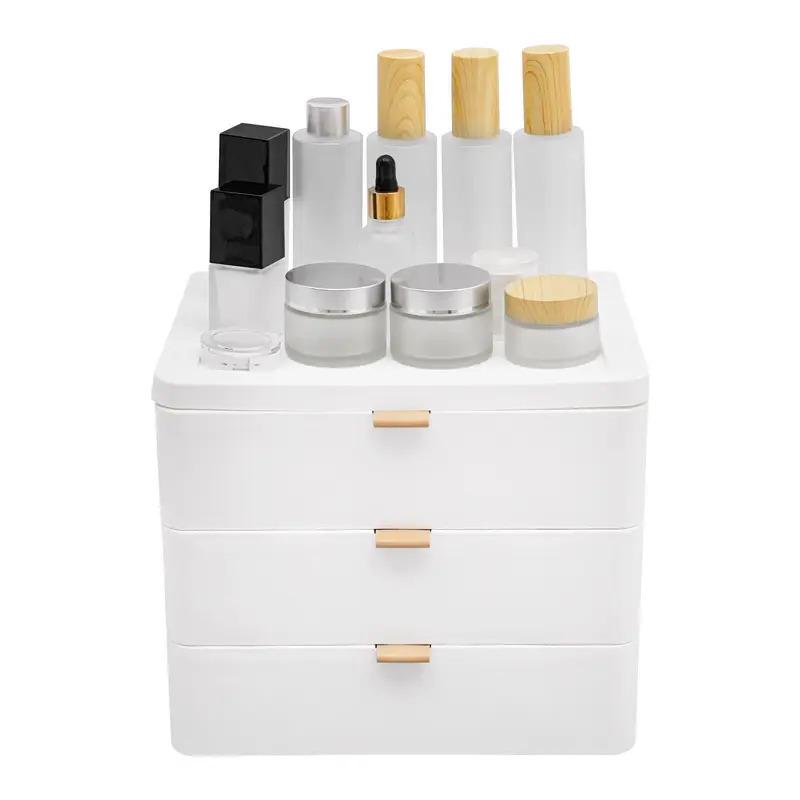 3-Layer White Desktop Storage Organizer with Drawers and Top Platform Durable PP Material Space-Saving Desk Organizer