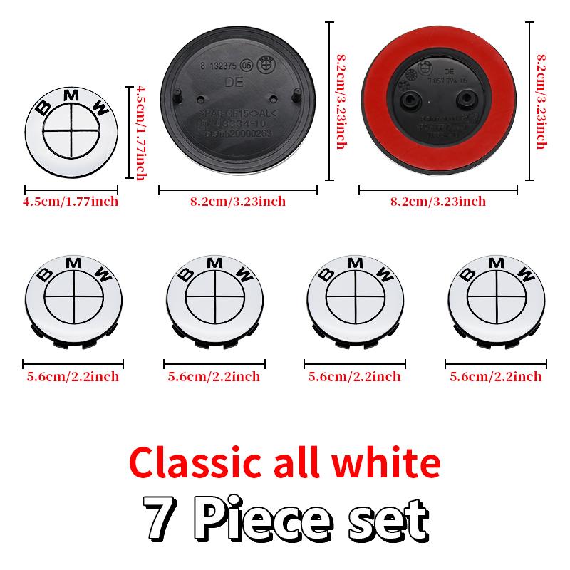 7Pcs Car Front Hood Emblem Wheel Hub Caps All White Logo For BMW M Logo G30 G31 G38 G11 G12 G20 G28 F10 F48 F49 G01 F20 F21 F22