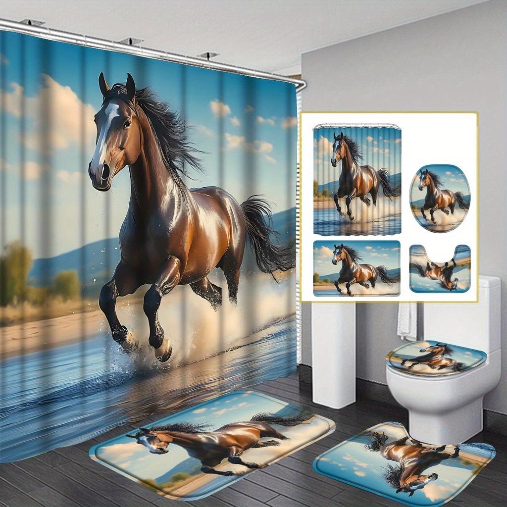 4Pcs Stylish Horsethemed Shower Curtain Set with Non-Slip Bath Mat, Toilet Lid Cover, Contour Rug & 12 Hooks, Bathroom Decor
