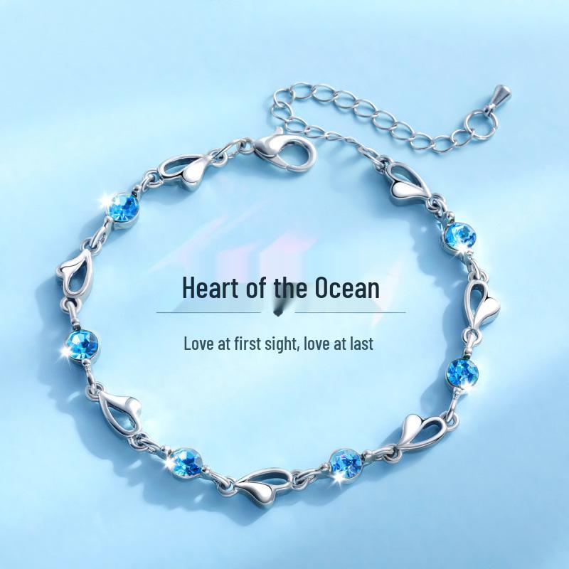 Ocean Heart Blue, White & Purple Diamond Bracelet for Women - Niche Design Light Luxury Jewelry Set