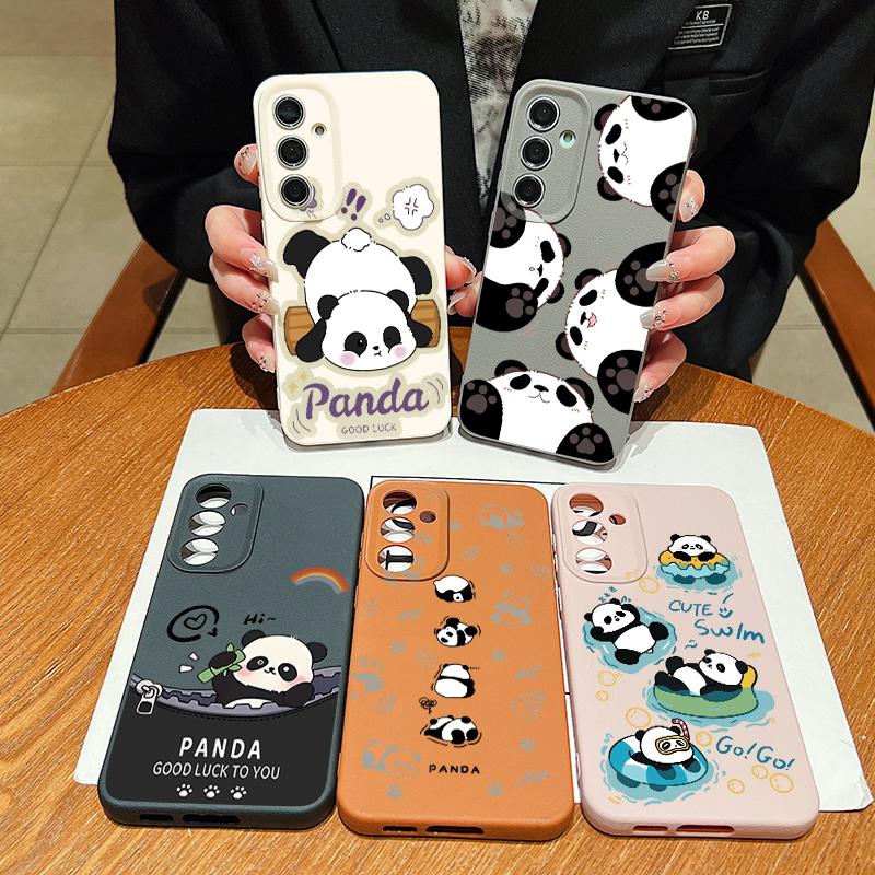 Cute Panda Print Case For Samsung S26 S25 Ultra S24 S23 S22 S21 FE A15 A35 A55 A16 A36 A56 A17 A18 A37 A57 5G Leather Texture Soft Cover
