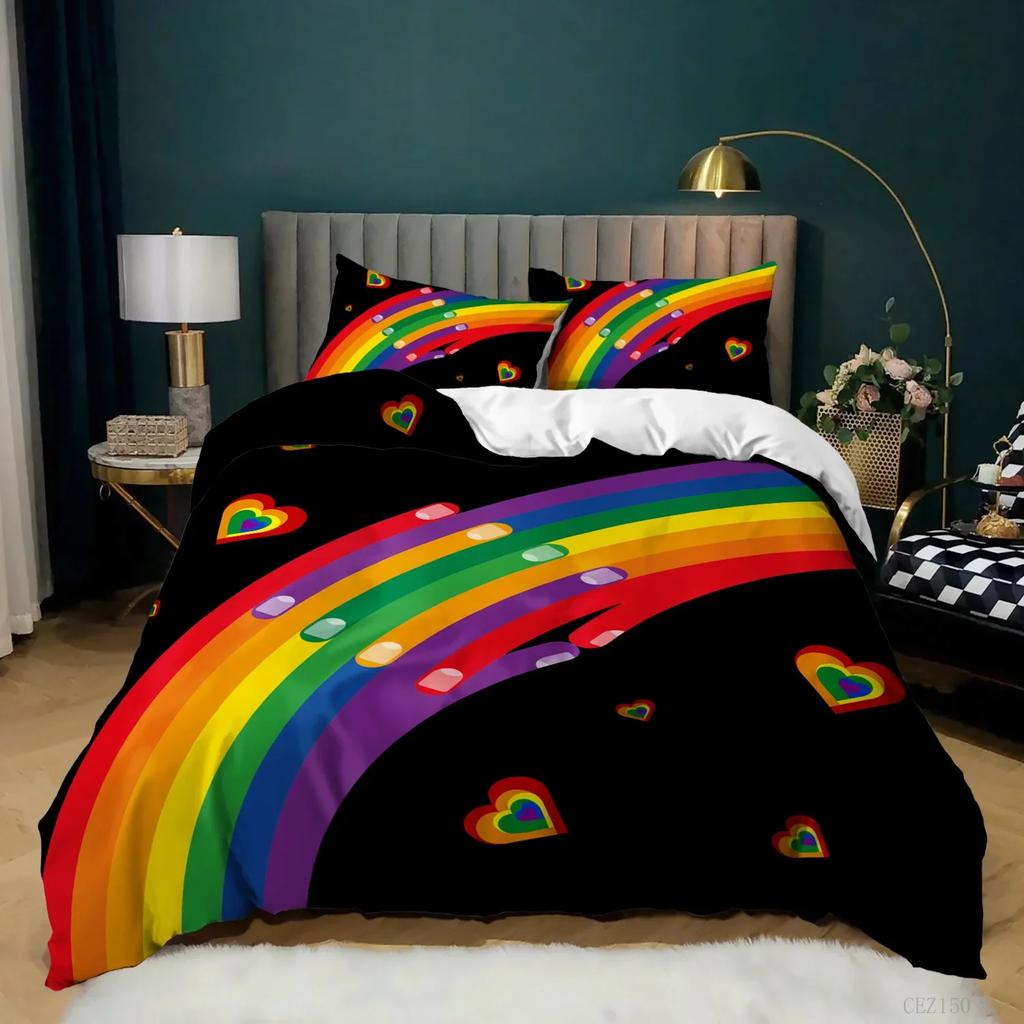 Rainbow Duvet Cover King/Queen Size LGBT Abstract Rainbow Heart Bedding Set for Girls Women Colorful Lines Soft Quilt Cover