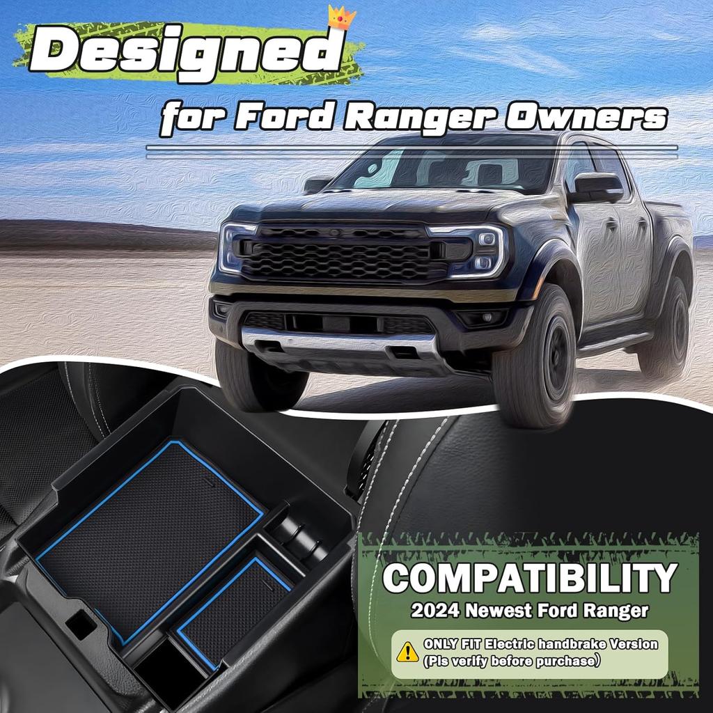 For 2025 Upgraded Ford Ranger Center Console Organizer,2024 2025 Ford Ranger Armrest Storage Box With 2 Color Mats,Ert Console Tray Ranger