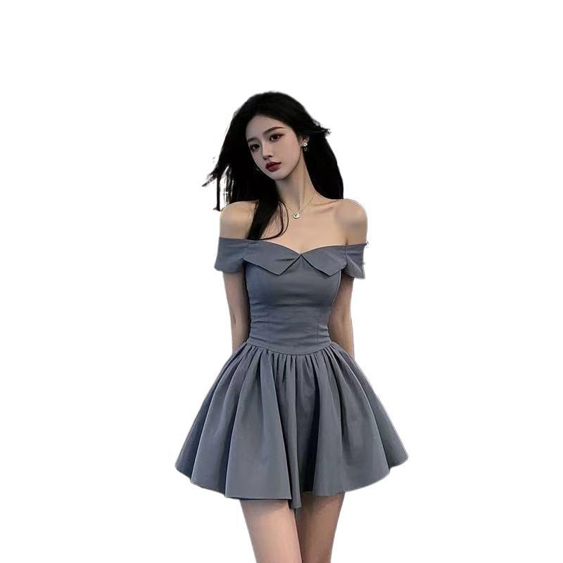 New French design strapless elegant summer spicy off-shoulder dress, waist-cinching, slimming, high-end puffy gown