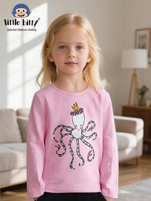 Jesienno-zimowy dziewczęcy T-shirt z długim rękawem z kreskówkową ośmiornicą - Uroczy nadruk Okrągły dekolt Koszulka bazowa