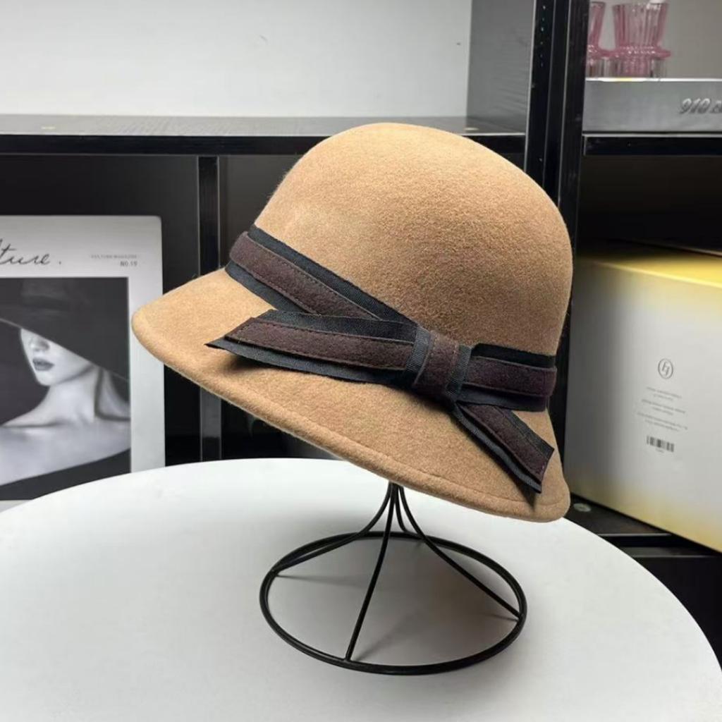 Hepburn style autumn and winter contrasting color bow versatile pure wool hat women's basin hat French top hat felt hat