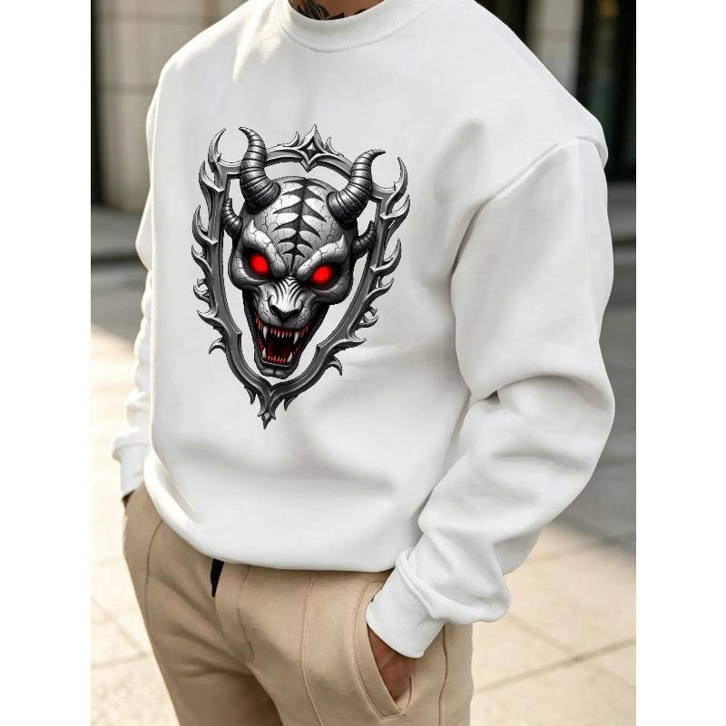 Men'S Graphic Print Crew Neck Sweatshirt With Silver Demon Skull Red Eyes And Horns, Loose Fit, For Streetwear And Outdoor Wear.