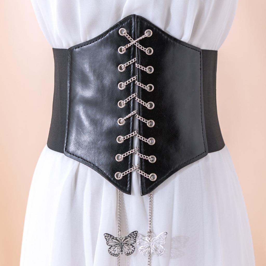 Slim Elastic Pu High Waist Belt Women Women's Girdle Style Chain Elastic Bow Knot Straps Black Punk Gothic Wide Belt Corsets