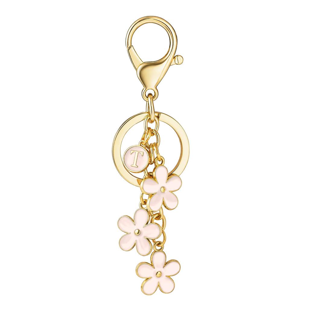 Initial Keychain White/Pink Flower Charms for Key Cute Letter Keyring for Handbag Backpack Key Ring Accessories