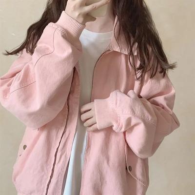 Women Spring and Autumn Turn-down Collar Simple Lovely Pink Jackets Students Korean Style Loose Casual All-match Streetwear Jacket