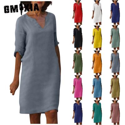 Women Summer Solid Color Cotton Linen Retro V-Neck Short Sleeve Dress Lightweight Breathable Dress