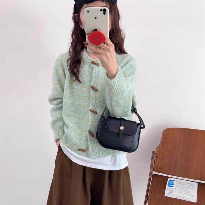 Autumn New Women's Clothing Round Neck Horn Buckle Knitted Cardigan Loose Soft Waxy Versatile Sweater Women's Top Coat