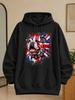 Unisex Hoodie with British Bulldog Graphic, Union Jack Paint Splashes, Decorative Collar, And Bold Red White Blue Patriotic Illustration Style