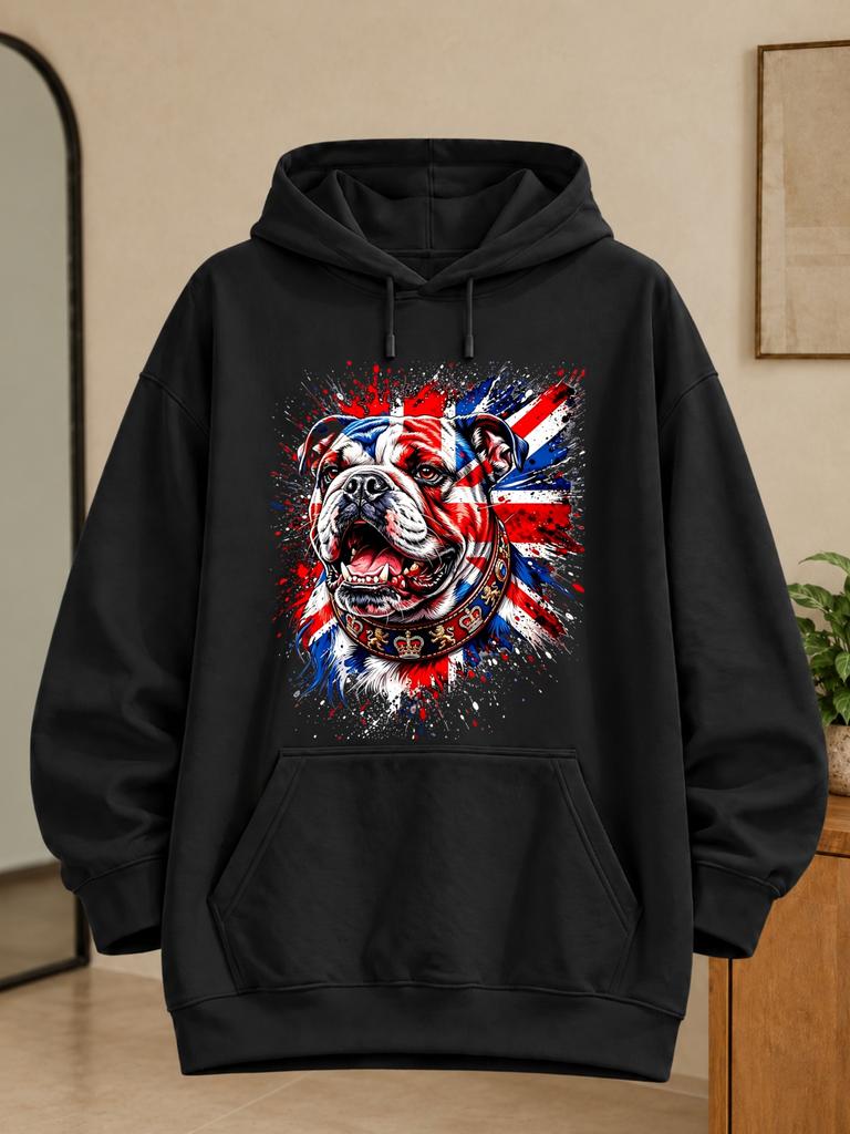 Unisex Hoodie with British Bulldog Graphic, Union Jack Paint Splashes, Decorative Collar, And Bold Red White Blue Patriotic Illustration Style