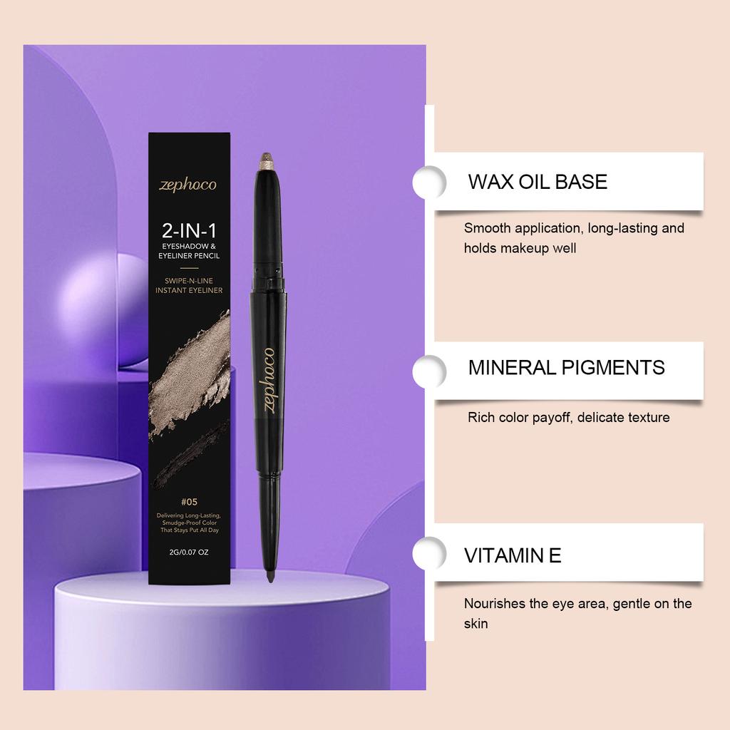 Zephoco Doppelseitiger Lidschatten-Eyeliner Stift Metallisches Silber Schwarz Schnelltrocknend Geschmeidiges Gleiten Wasserdicht Langanhaltend 2er-Pack