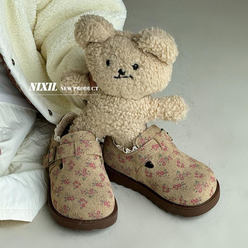 Winter new girls' big cotton shoes lace edge floral fleece frosted leather cotton shoes
