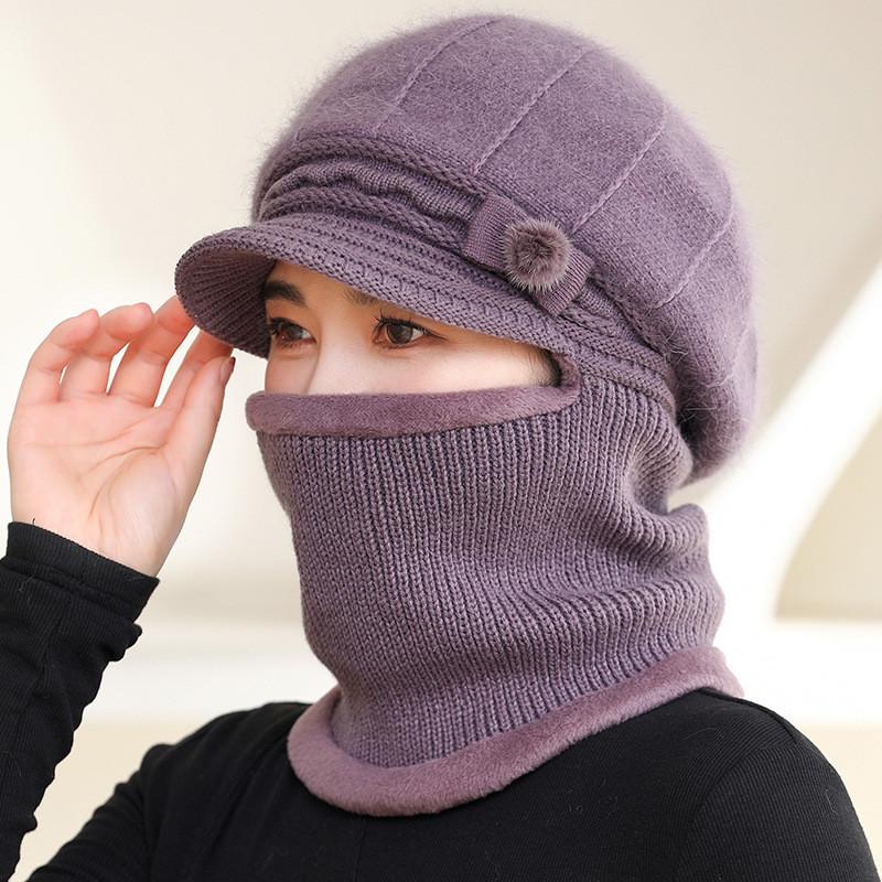 

Gold Mink Wool Hat For Women Winter Warm Thick Knitted Cap With Windproof Neck Guard Taro