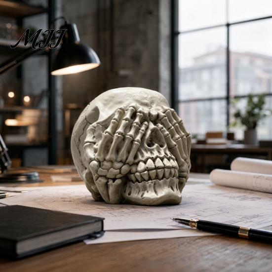 Halloween Skull Decor Figurine, Hear See Speak No Evil Skeleton Head Funny Sculpture Statue, Gothic Resin Home for Desk, Bookshelf, Mantel,