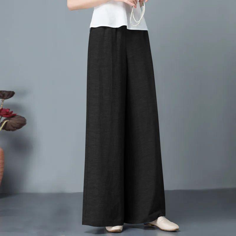 Women's Linen Blend Wide Leg Pants High Waist Loose Casual Palazzo Pants Breathable Solid Color Trousers For Daily