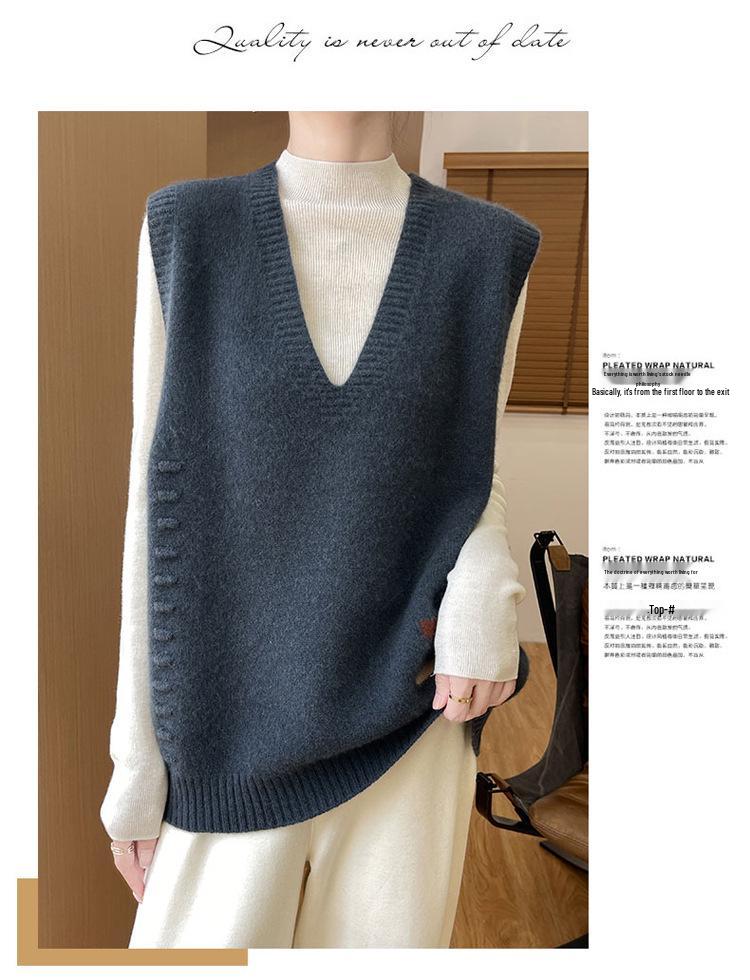 Pure Wool V-Neck Knit Vest - Versatile, Solid Color, Loose Fit, Sleeveless Pullover Cardigan