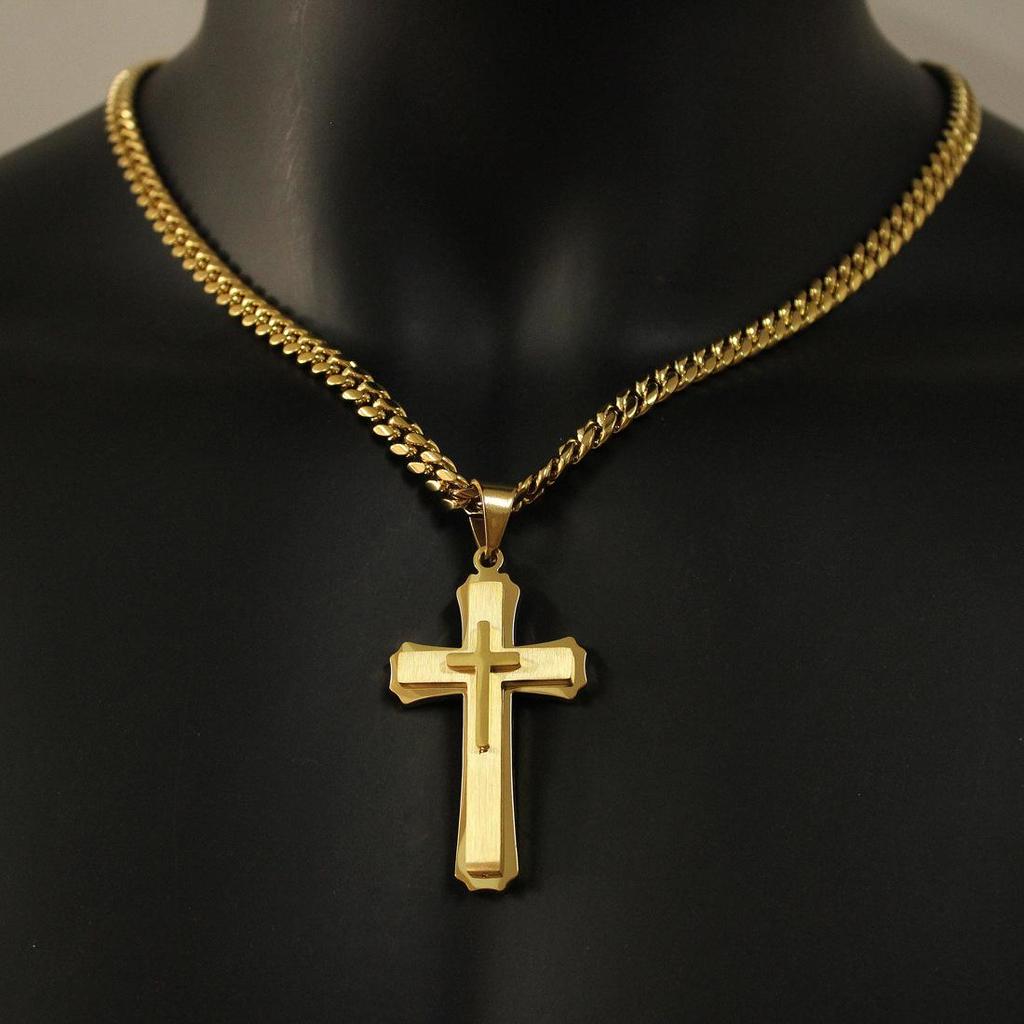Collana con Pendente a Croce in Acciaio Inossidabile e Catena a Maglie Cubane da 18-24 Pollici per Uomini Donne Coppie Fidanzato Marito Gioielli Stile Punk 3-5mm