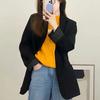 Korean Style Loose Fit Long Jacket with Shoulder Pads and Single Button for Women