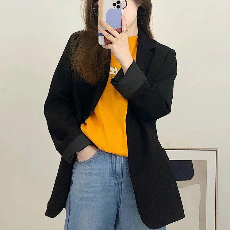 Korean Style Loose Fit Long Jacket with Shoulder Pads and Single Button for Women