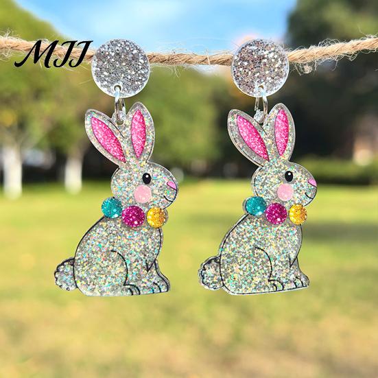 Acrylic Earrings with Glitter Finish Easter Bunny for Women Glittery and Colorful Rabbit Dangle Festive Holiday Jewelry Celebrations Gifts Lightweight