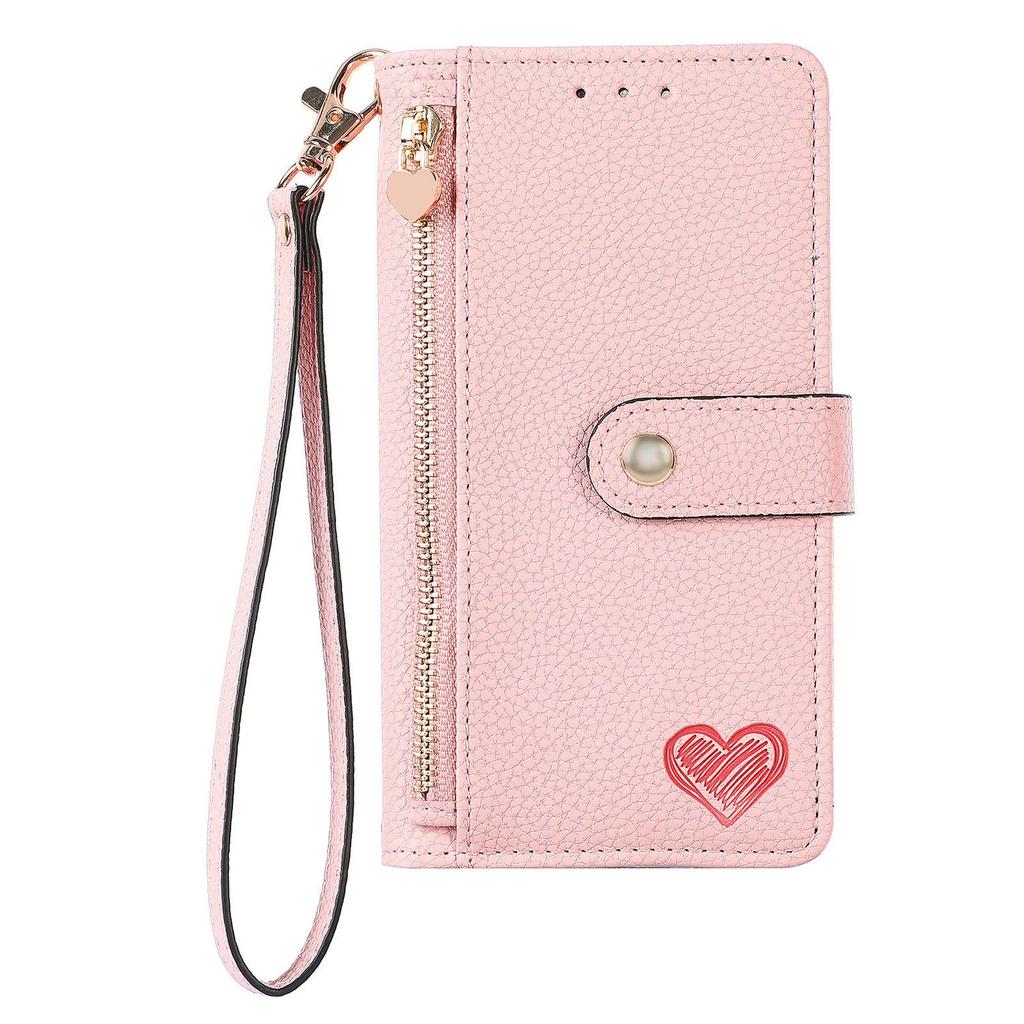 Leather Wallet Flip Case for Google Pixel 11 10 9 Pro XL 9A 8 8A 7 7A 6 6A, Phone Cover Zipper Pocket, Wrist Strap, Heart Emblem