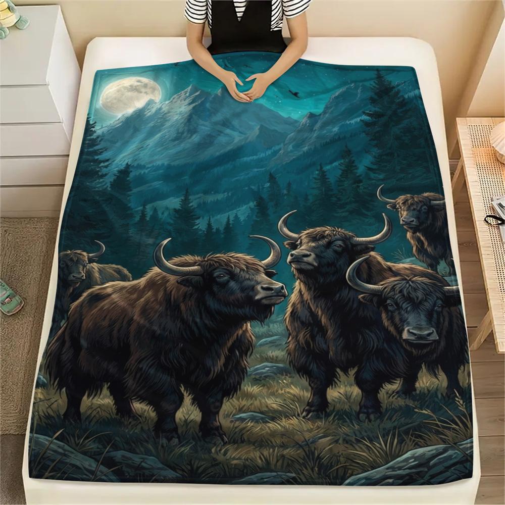 1PC Moonlit Highland Yaks Print FlAannel Blanket, High quality Comfortable for All Seasons, Home Decor, Warmth and Comfort