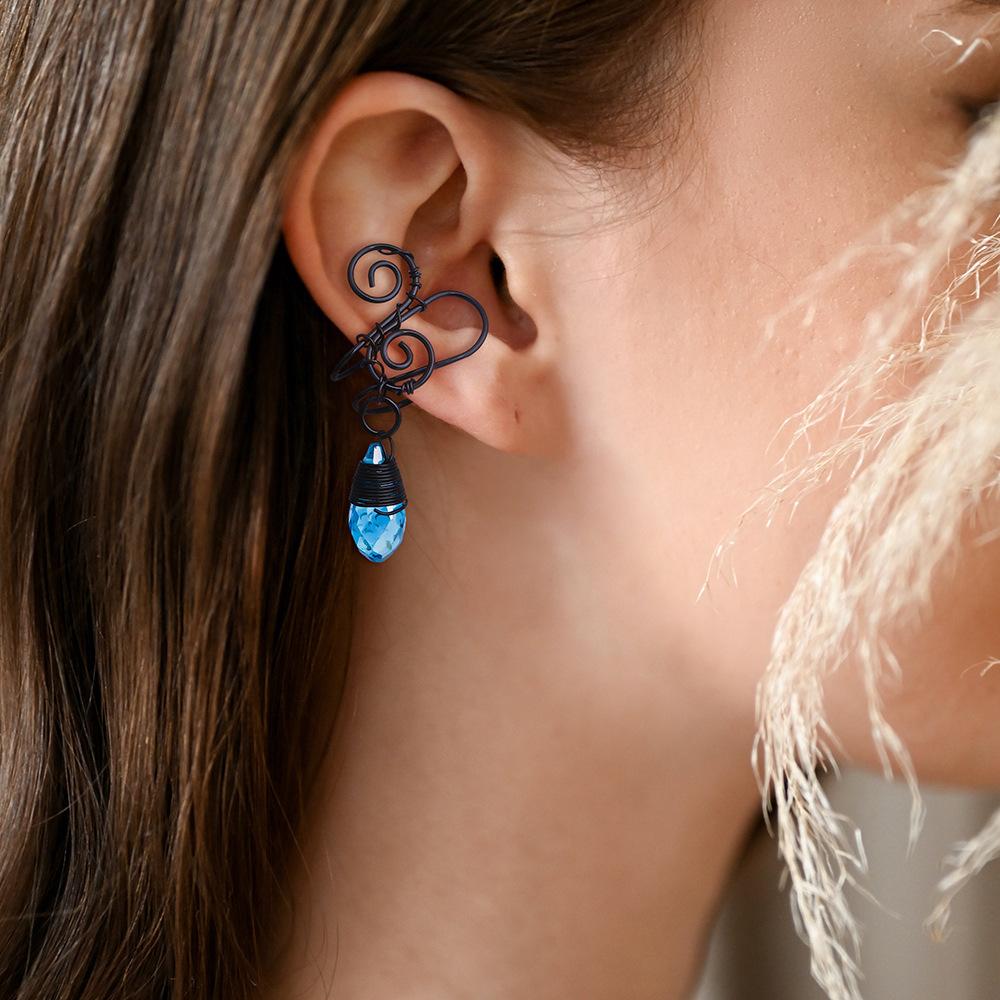 

Earrings Fashion Single Blue Elf Ears Water Drop Electrophoresis Black Ear Clips