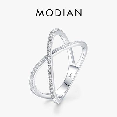 MODIAN 925 Sterling Silber funkelnder klarer CZ-Kreuzring für Damen, schlichtes Design, feiner Schmuck, Accessoires, Geschenk
