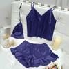 Set de pijamale din 3 piese pentru femei, la modă, cu bretele subțiri, top scurt și pantaloni scurți
