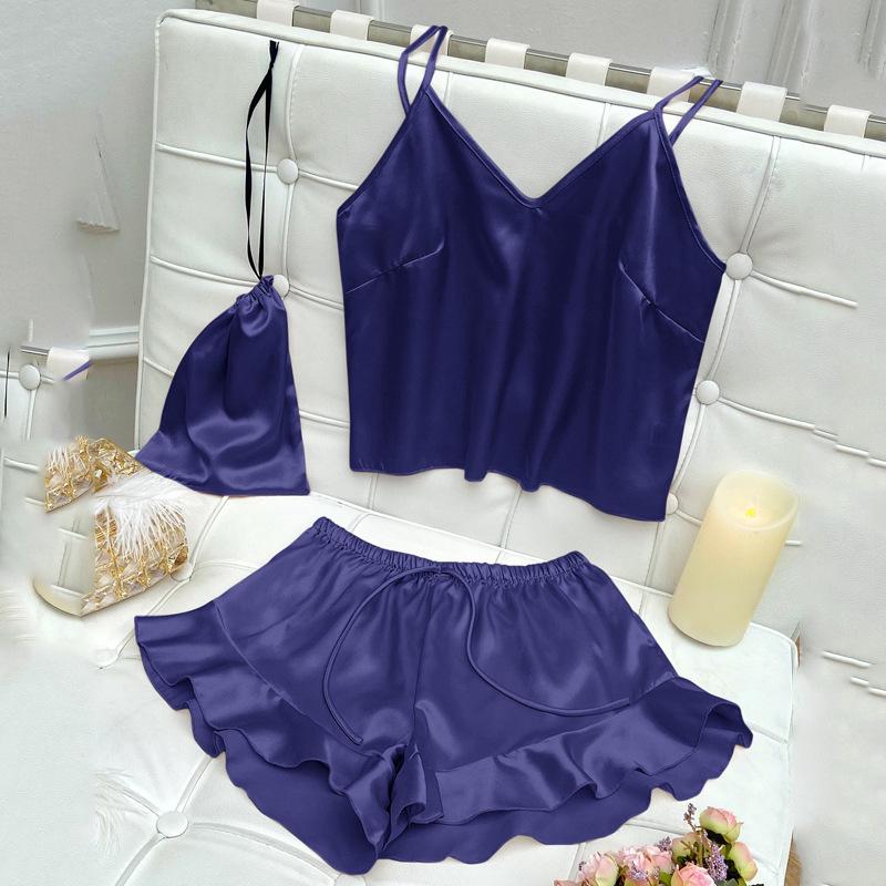 Set de pijamale din 3 piese pentru femei, la modă, cu bretele subțiri, top scurt și pantaloni scurți
