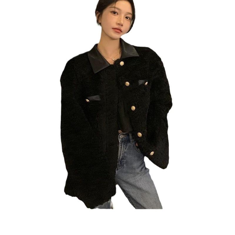Fur coat new small fragrant style gold buckle splicing shirt lapel imitation lamb wool coat thick coat women's winter