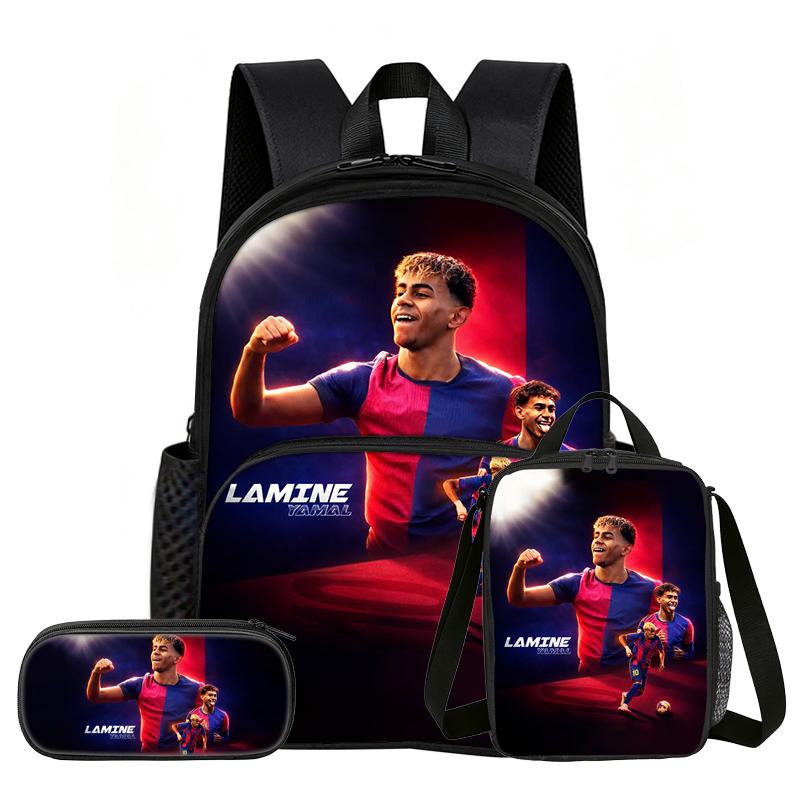 Learn, Travel Football Star School Bag L-Lamin Yamal 3 Pcs Set with Front Pocket Backpack Lunch Bag, Pencil Case, Sport Rucksack
