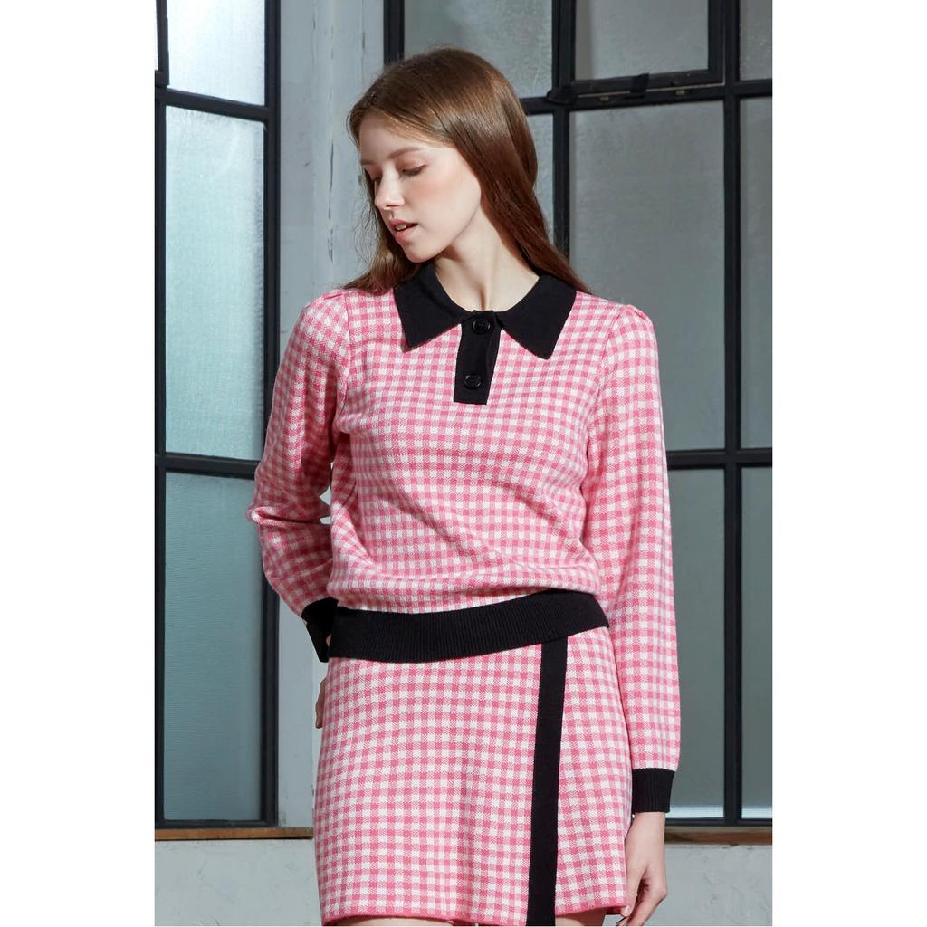 BALBI Gingham Check Collar Contrast Knit Sweater
