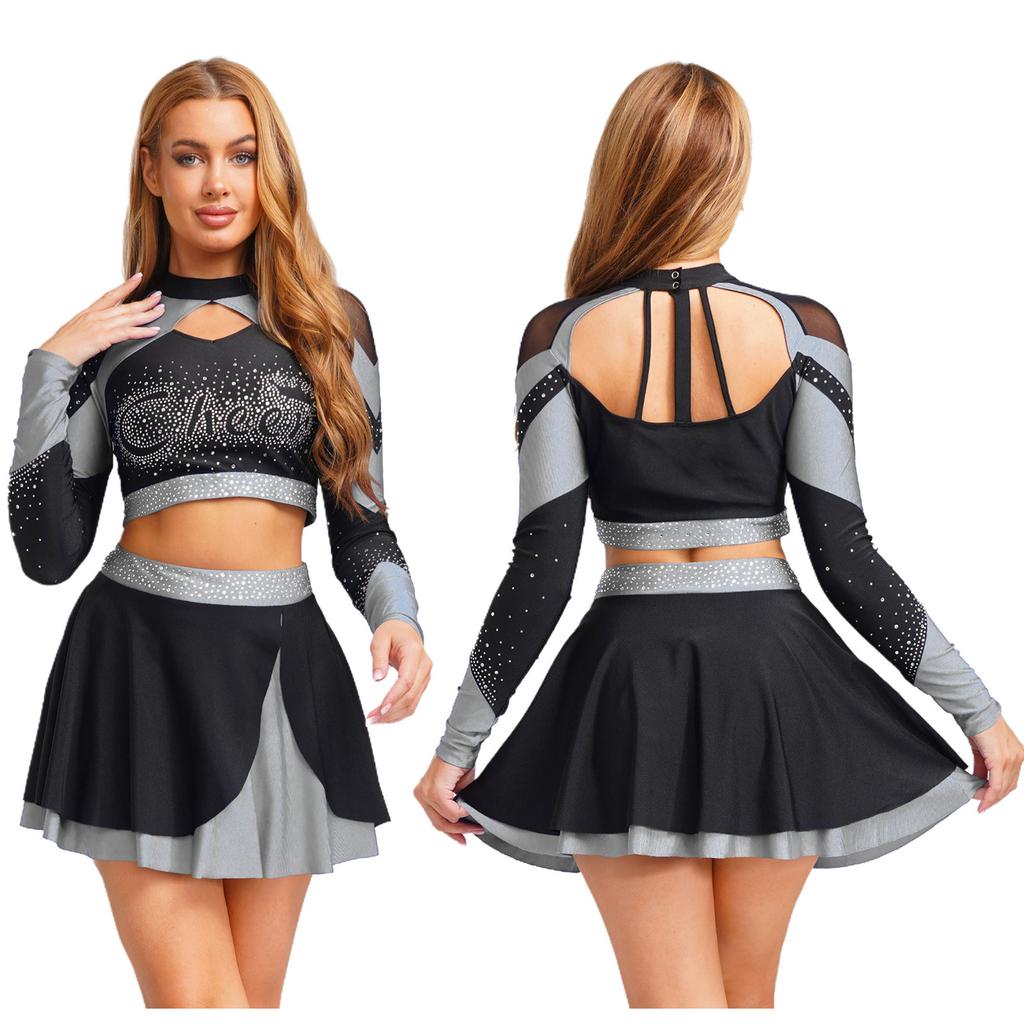 Комплект з 2 предметів для танців та чирлідингу для жінок S-XXL: Привабливий топ зі стразами та контрастна спідниця для сцени або Хелловіну