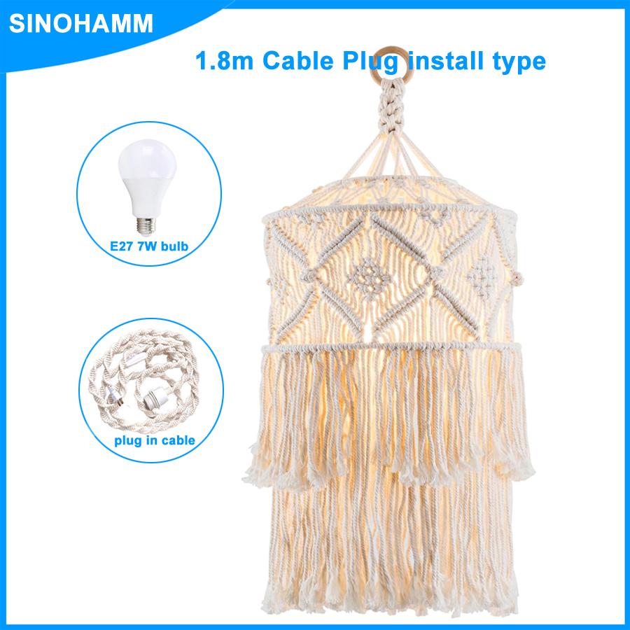 Boho Lamp Plug in Pendant Light Fixture with bulb,Plug in cord Ceiling Light Hanging Handmade Macrame Bedroom Livingroom Decor